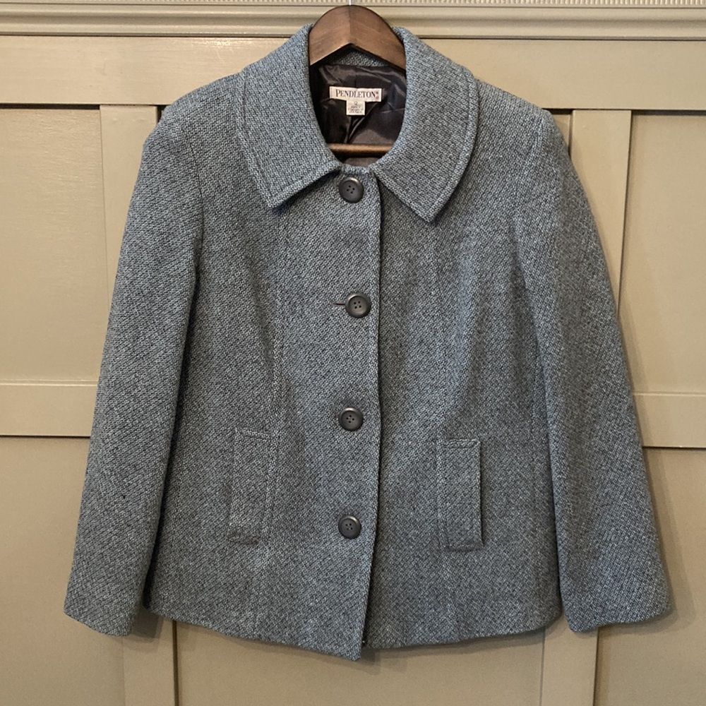 𝅺PENDLETON Virgin Wool Lambswool Pea Coat Button Front Blue Gray Marled Size 12